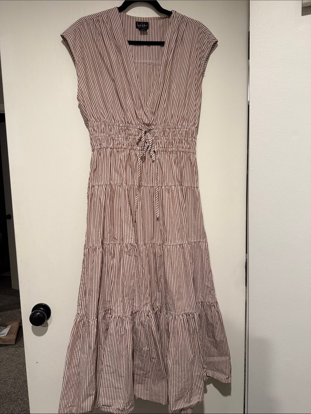 Nicole Miller Smocked Striped Midi Dress— Size Large